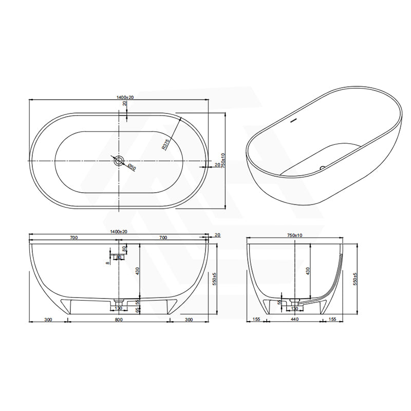 Lukka Kirra 1400/1500/1700mm Oval Solid Surface Stone Freestanding Bathtub with Overflow Matt White