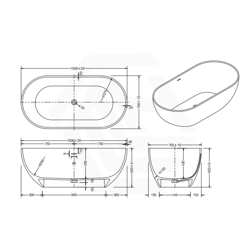 Lukka Kirra 1400/1500/1700mm Oval Solid Surface Stone Freestanding Bathtub with Overflow Matt White