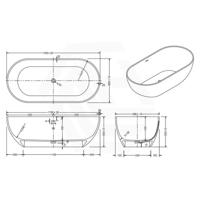 Lukka Kirra 1400/1500/1700mm Oval Solid Surface Stone Freestanding Bathtub with Overflow Matt White