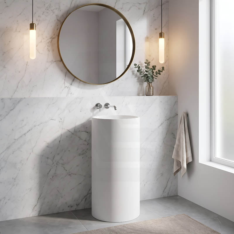 Lukka Olley Freestanding Solid Surface Stone Pedestal Basin 450x450x900mm- Matt White