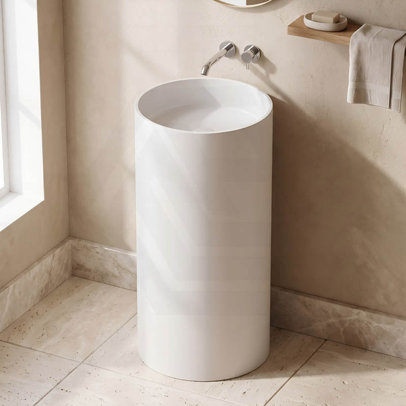 Lukka Olley Freestanding Solid Surface Stone Pedestal Basin 450x450x900mm- Matt White