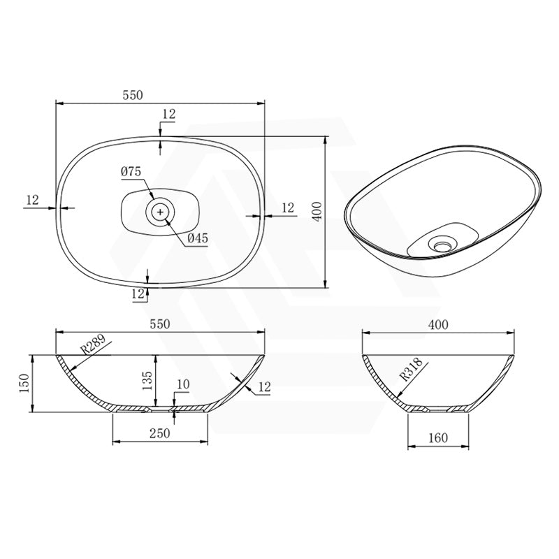 Lukka Perry 400/550/630mm Matt White Solid Surface Stone Above Counter Basin