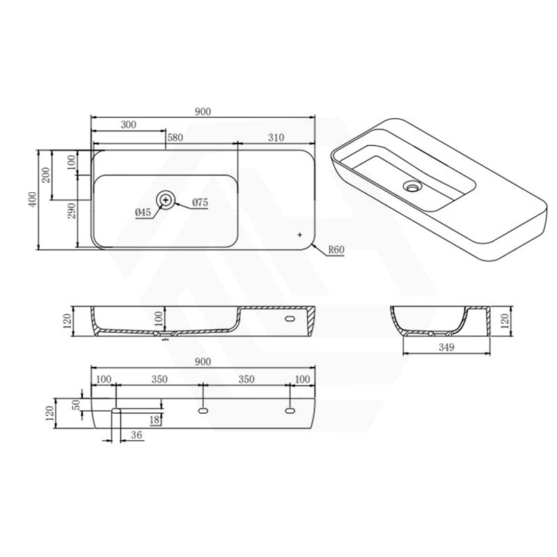 Lukka Roccia 900x400x120mm Solid Surface Stone Wall Hung Basin With Semi Drill Tap Hole Matt White