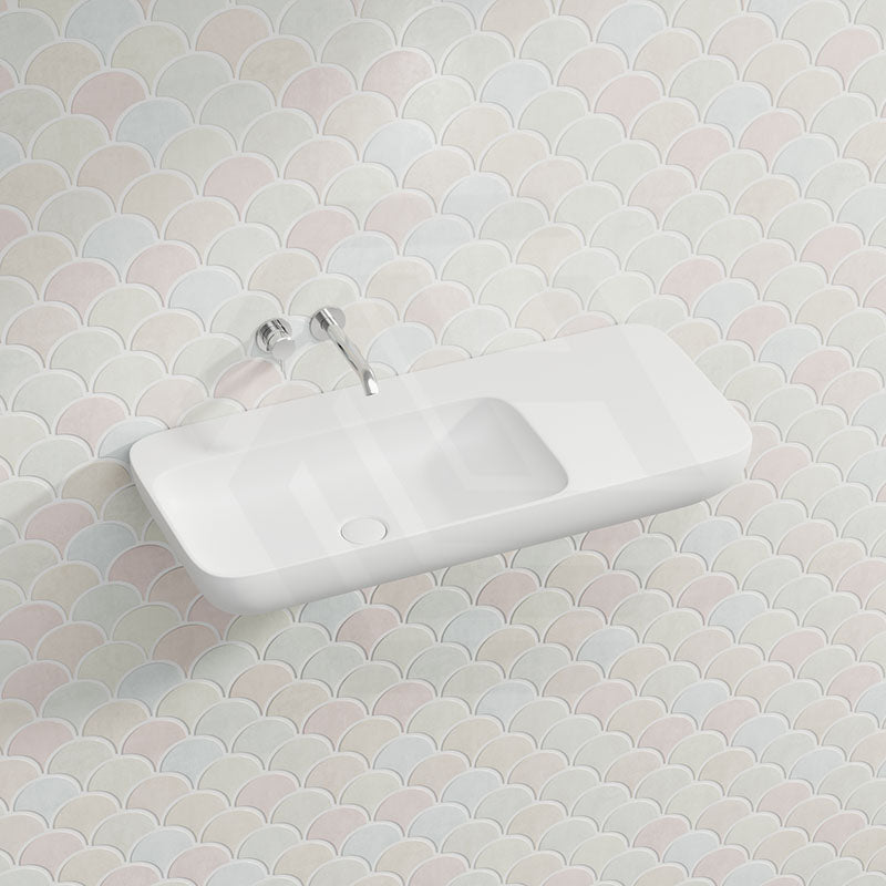 Lukka Roccia Solid Surface Stone Wall Hung Basin With Semi Drill Tap Hole 900x400x120mm - Matt White