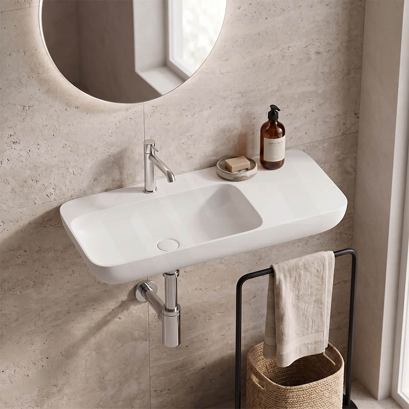 Lukka Roccia Solid Surface Stone Wall Hung Basin With Semi Drill Tap Hole 900x400x120mm - Matt White