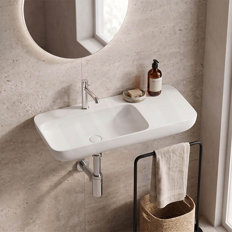 Lukka Roccia Solid Surface Stone Wall Hung Basin With Semi Drill Tap Hole 900x400x120mm - Matt White