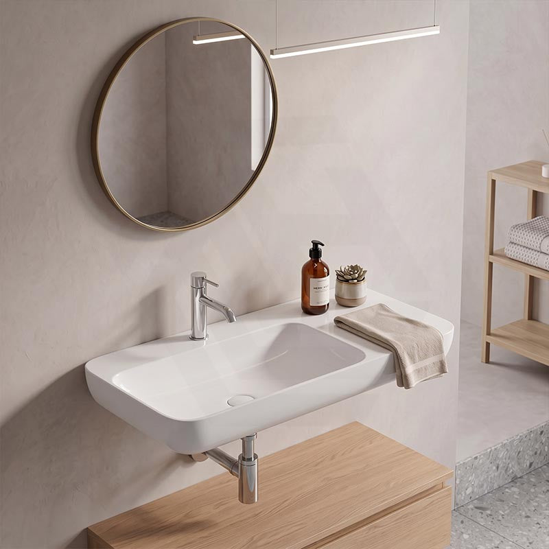Lukka Roccia Solid Surface Stone Wall Hung Basin With Semi Drill Tap Hole 900x400x120mm - Matt White