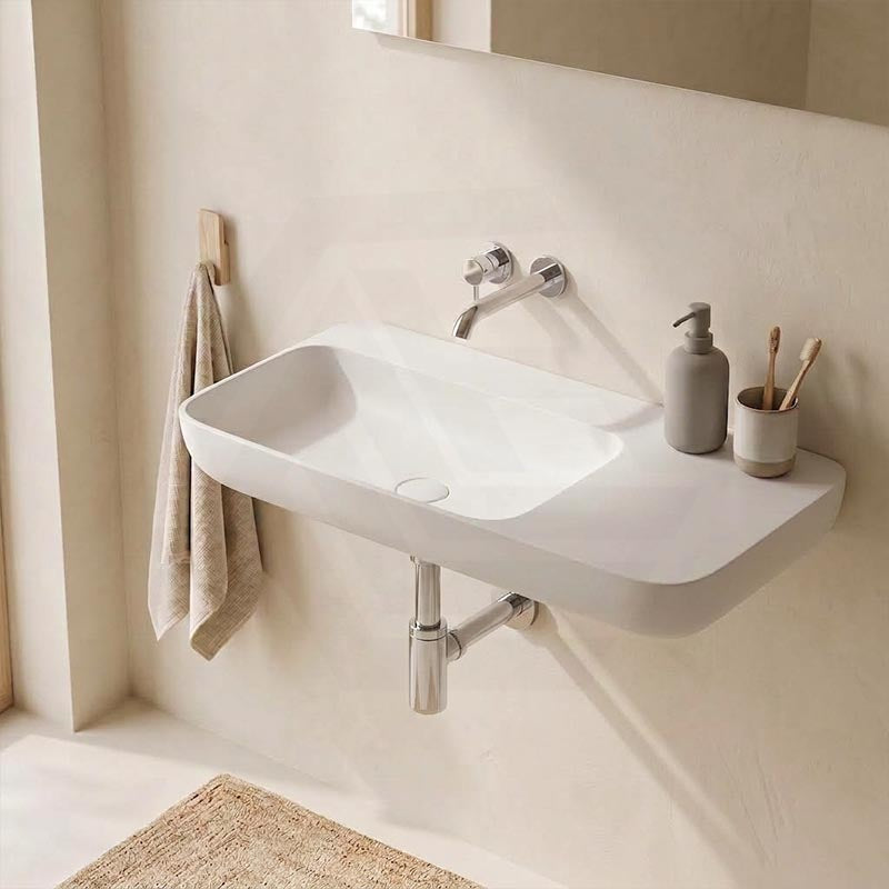 Lukka Roccia Solid Surface Stone Wall Hung Basin With Semi Drill Tap Hole 900x400x120mm - Matt White
