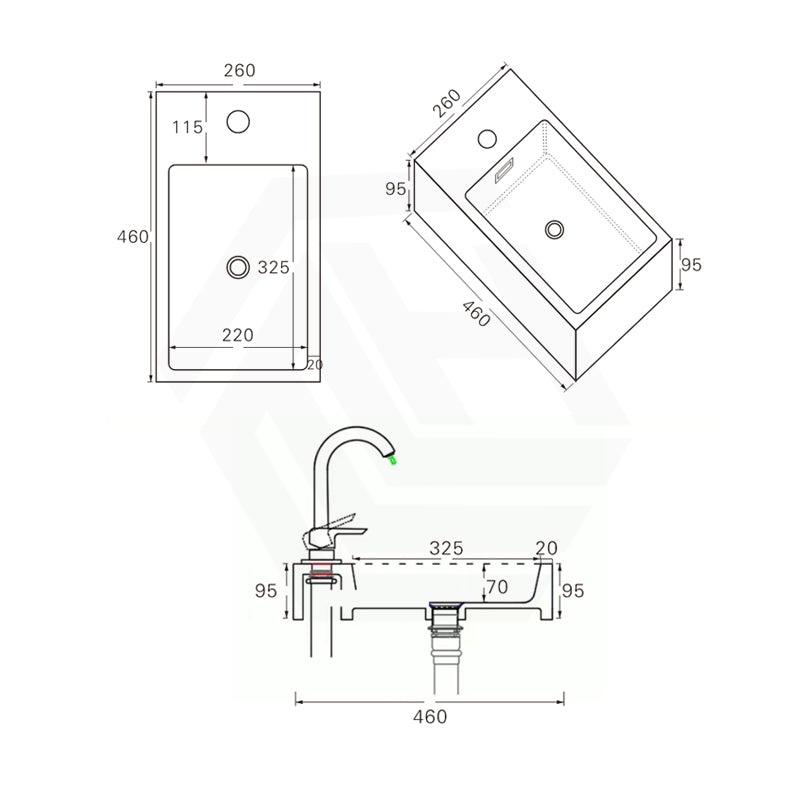 Lukka Crete 460x260x95mm Matt White Soild Surface Counter Top with 1 Tap Hole and Overflow for Mini Vanities