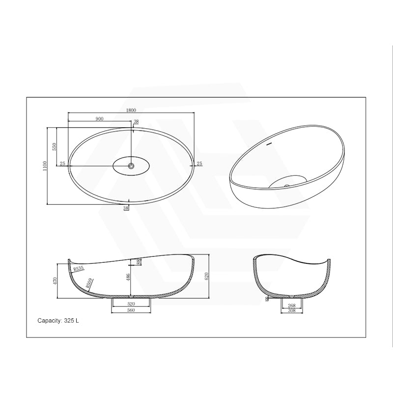 Lukka Waverton Solid Surface Freestanding Bathtub with Overflow 1800mm - Matt White/Black