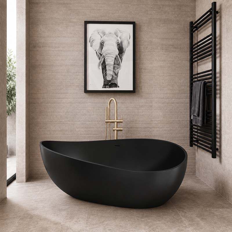 Lukka Waverton Solid Surface Freestanding Bathtub with Overflow 1800mm - Matt White/Black