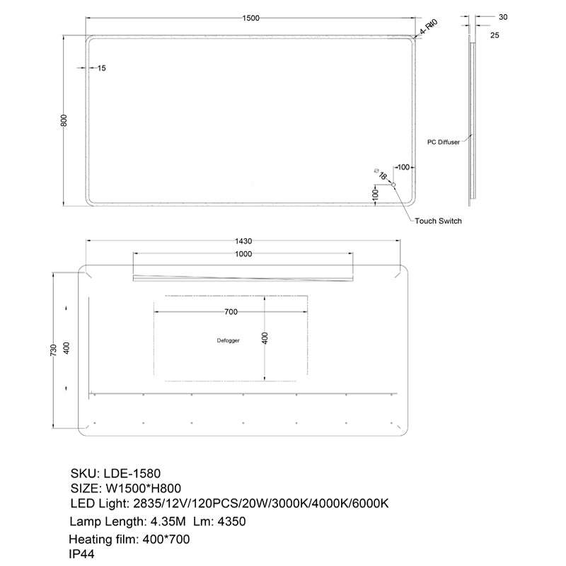 600/750/800/900/1200/1500mm Led Mirror Touch Sensor Backlit Frosted Edge