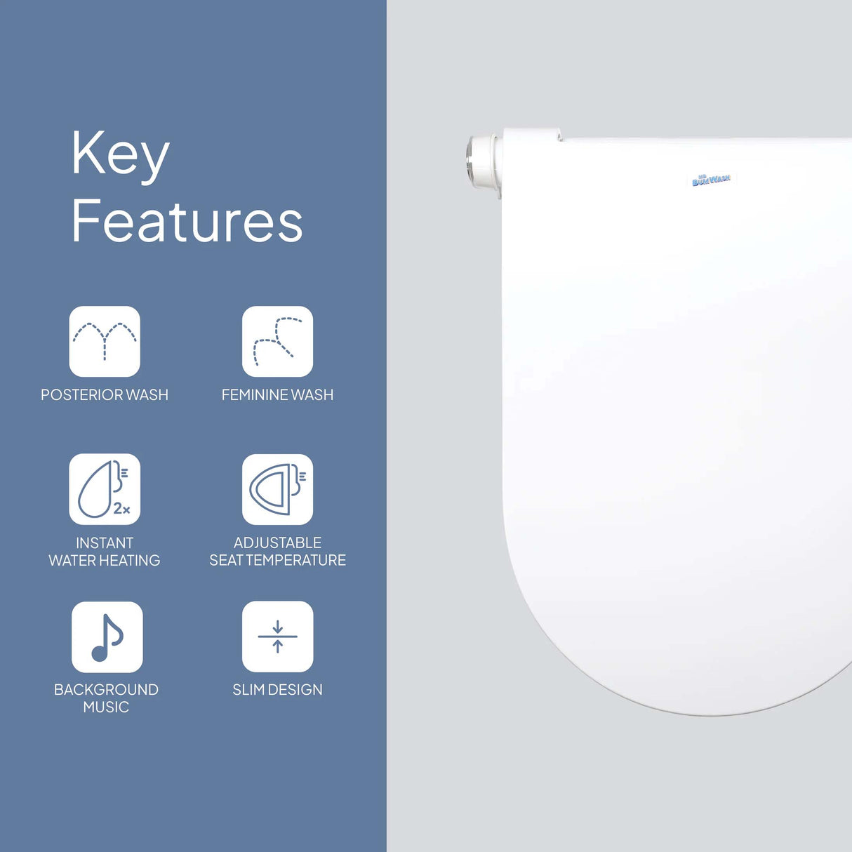 Smart Heated Bidet Seat with Built-in Speaker for D Shape / Round Shape Toilets 500x365/390x108mm - Variant Colour