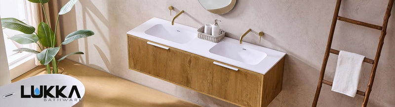 Luxurious bathroom setup with Lukka mirrors, vanities, and bathtub.
