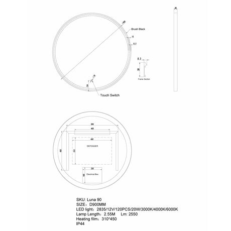 750/900Mm Led Mirror Round Black Framed Defogger Pad 750Mm Led Mirrors