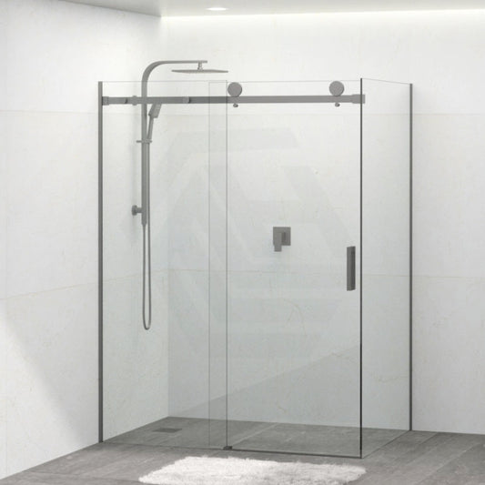 Tempered Glass Frameless L Shape Shower Screen Sliding Square Handle Gunmetal Grey