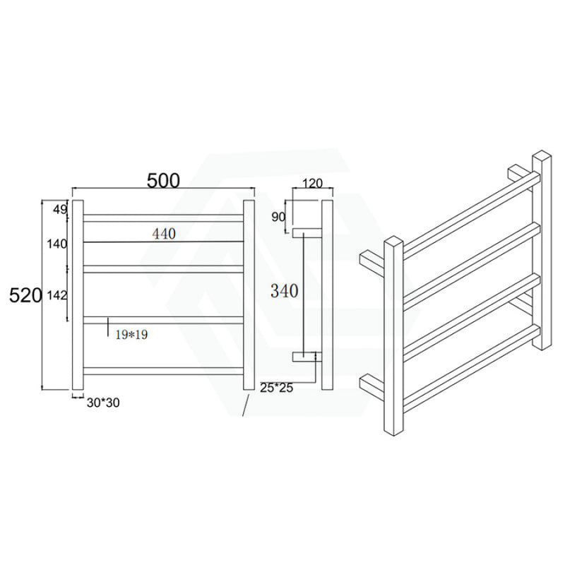 520X500X120Mm Square Gunmetal Grey Electric Heated Towel Rack 4 Bars Rails
