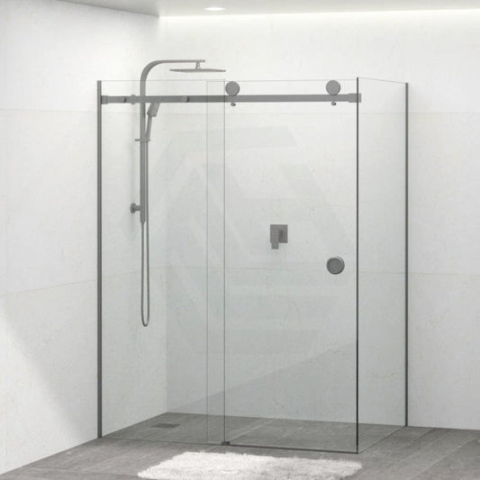 Tempered Glass Frameless L Shape Shower Screen Sliding Round Handle Gunmetal Grey