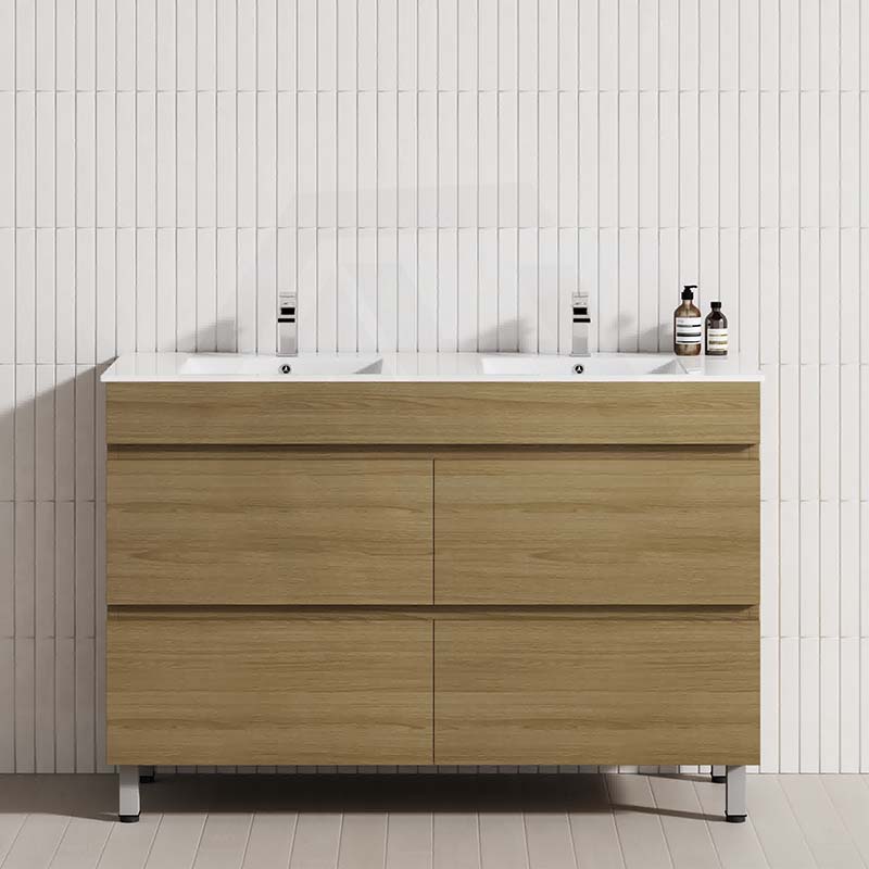 Modern Prime Oak 1200mm bathroom vanity featuring double bowls and 4 drawers