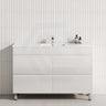 Gloss white 1200mm bathroom vanity with a single bowl, 4 drawers