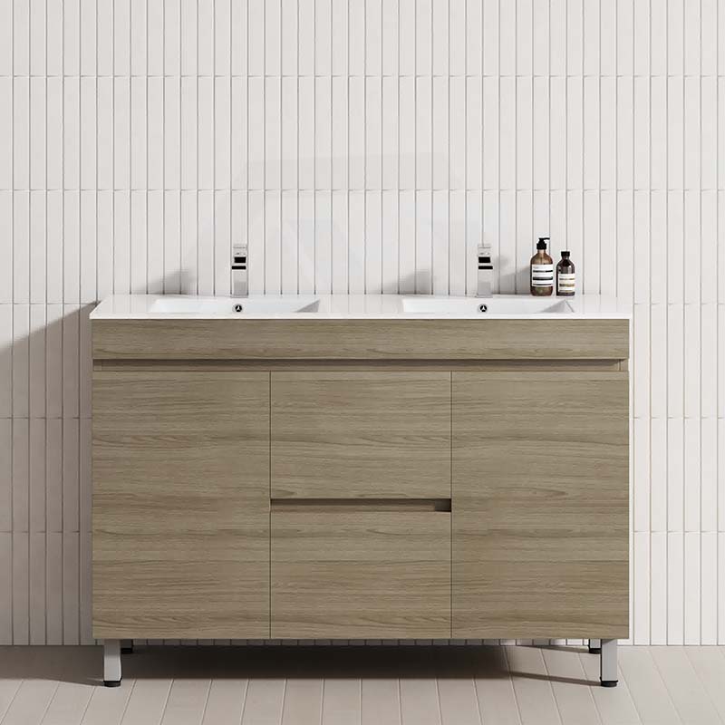 1200mm modern bathroom vanity with double bowls in Maison Oak with 2 drawers and 2 doors