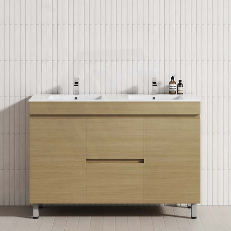 Stylish freestanding bathroom vanity with 2 drawers, and 2 doors in Tuross Oak design