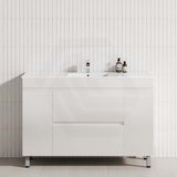White 1200mm freestanding bathroom vanity with a single bowl, featuring two drawers and two doors