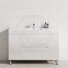 White 1200mm freestanding bathroom vanity with a single bowl, featuring two drawers and two doors