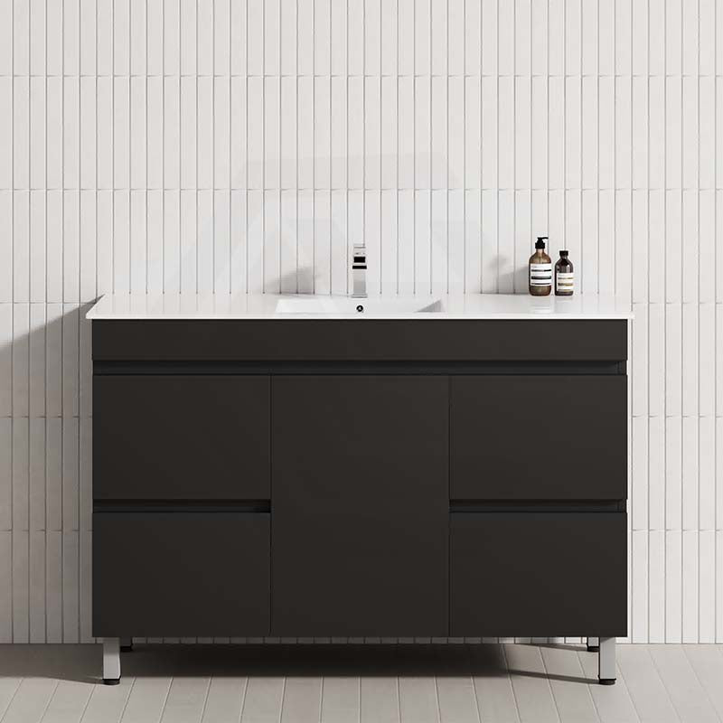 Contemporary bathroom vanity with single bowl, two drawers, in matte black