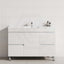 Stylish bathroom vanity against a white tiled wall, showcasing a 4-drawer, 1-door design in matt white