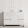 Stylish bathroom vanity against a white tiled wall, showcasing a 4-drawer, 1-door design in matt white