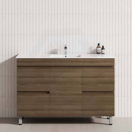 Modern 1200mm bathroom vanity featuring a 4-drawer, 1-door, freestanding design in Notaio Walnut