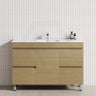 Freestanding 1200mm bathroom vanity in Tuross Oak, set against a white tiled wall, with a door and 4 drawers