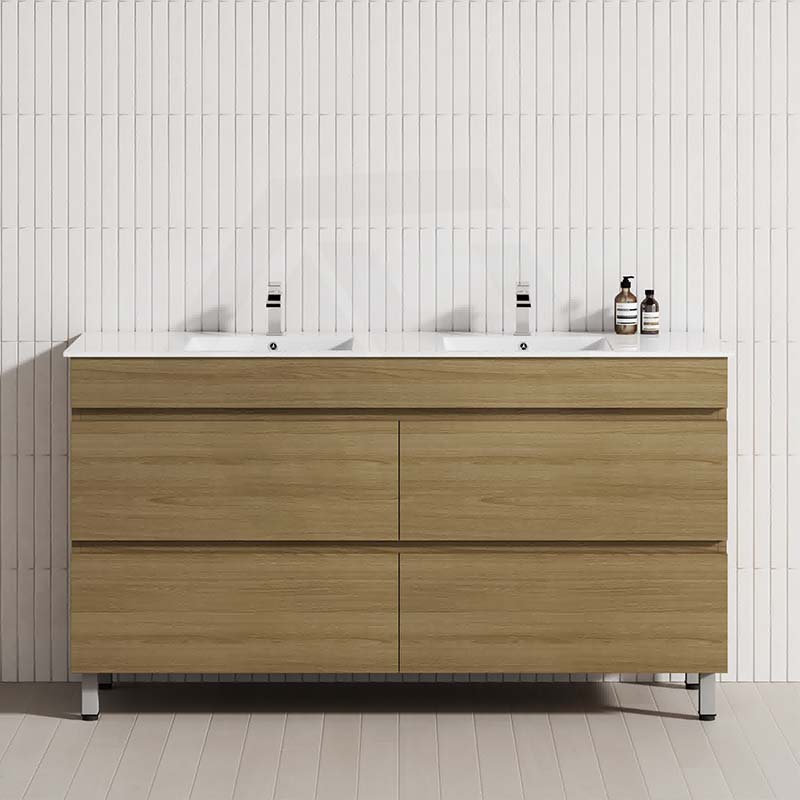 Modern bathroom vanity double bowls, featuring a freestanding design in Prime Oak with 4 drawers