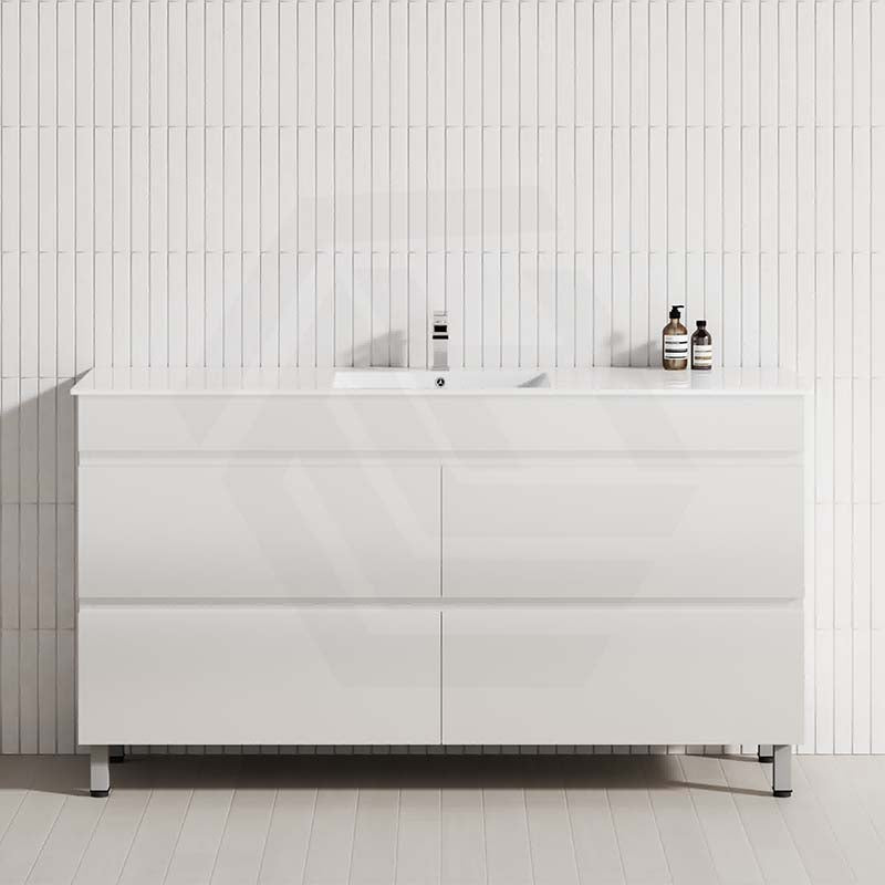 Freestanding 1500mm gloss white bathroom vanity with a single bowl, and 4 storage drawers