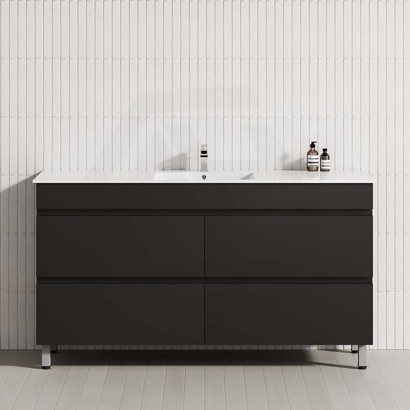 Freestanding 1500mm bathroom vanity in matt black, equipped with four drawers for storage