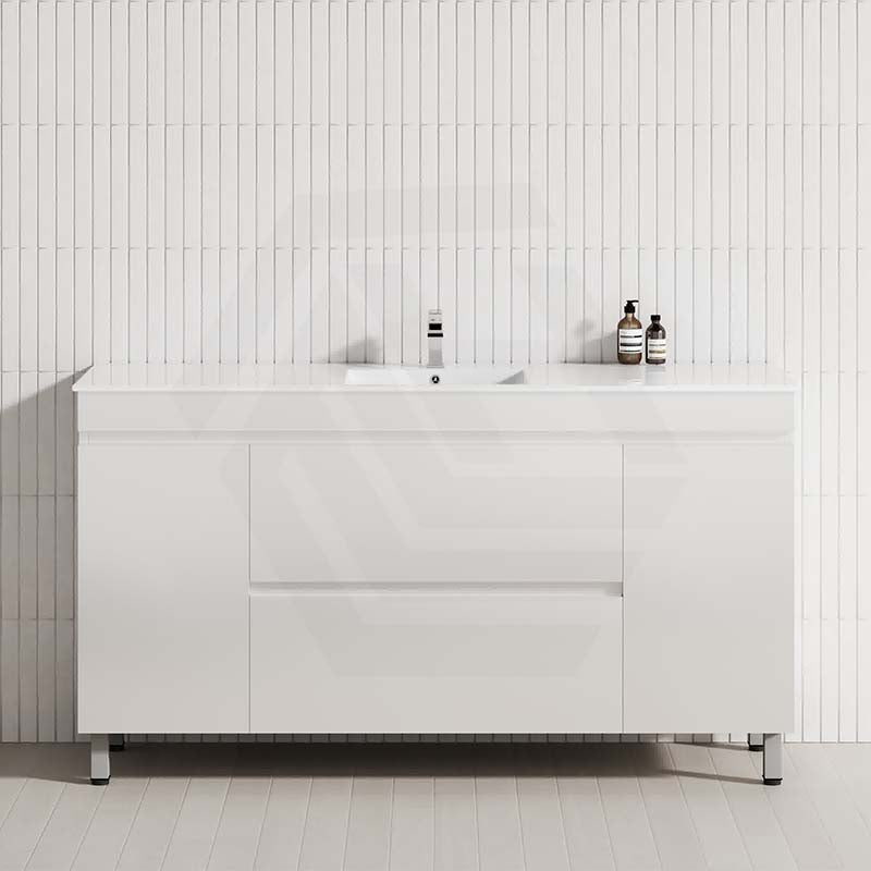 1500mm gloss white freestanding bathroom vanity with single bowl, two drawers and 2 doors