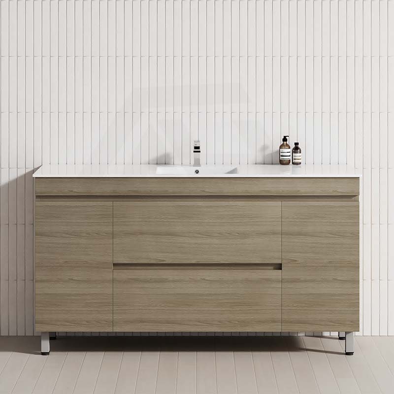 Freestanding 1500mm bathroom vanity in Maison Oak, with 2 drawers and doors