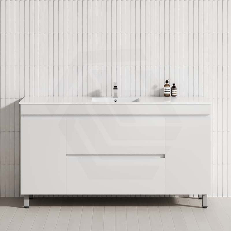 1500mm bathroom vanity featuring two drawers and doors in matt white
