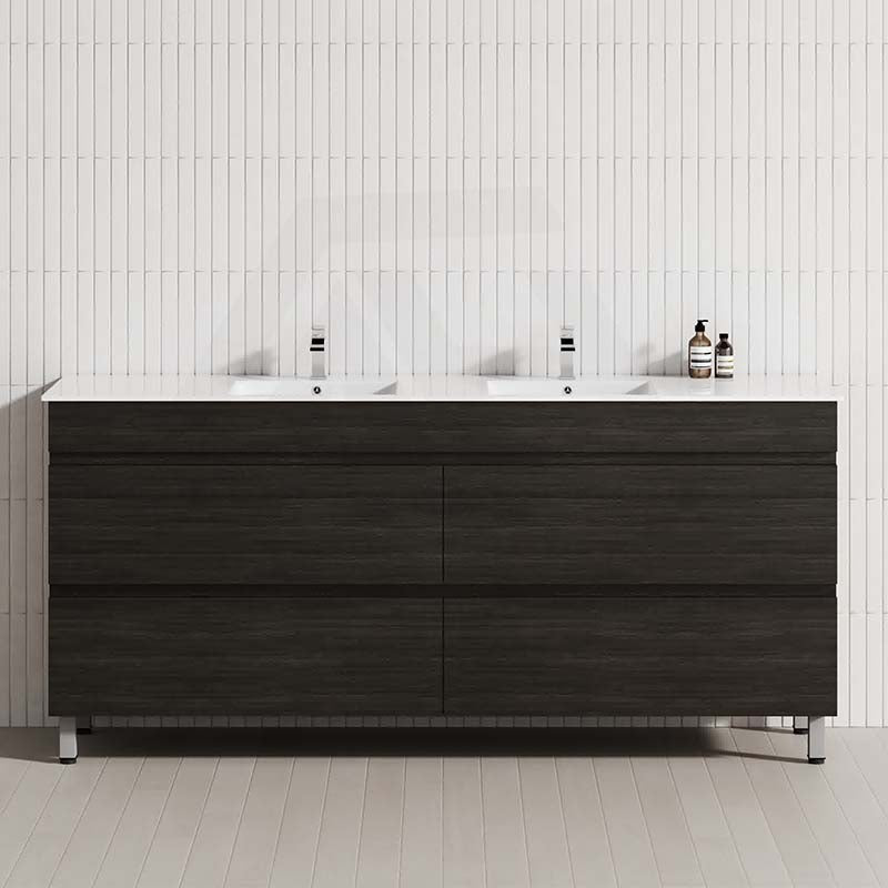 1800mm bathroom vanity with double bowls crafted from Shannon Oak, complete with 4 functional drawers