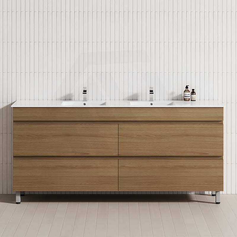 Chic bathroom design with a wooden vanity, a freestanding look in Tasmanian Oak