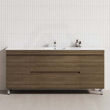 Stylish bathroom vanity against a white tiled wall, showcasing a walnut cabinet with two drawers and two door