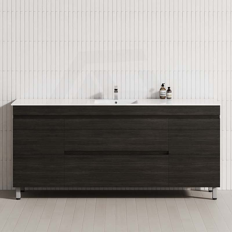 Freestanding bathroom vanity in Shannon Oak with a single bowl,featuring 2 drawers and 2 doors