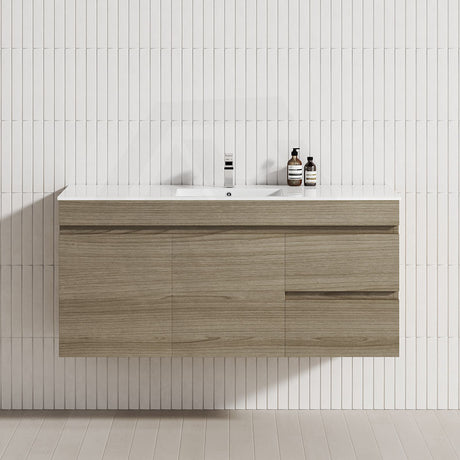 1200mm Maison Oak Wall Hung Single Bowl Vanity with Right Side Drawer