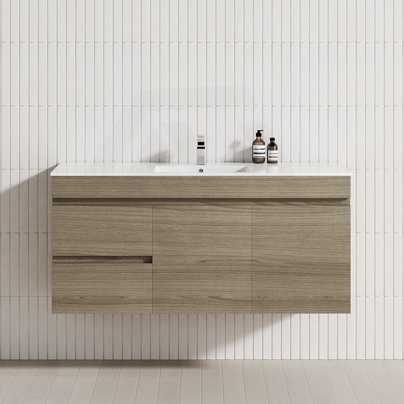 1200mm Maison Oak Wall Hung Single Bowl Vanity with Left Side Drawer
