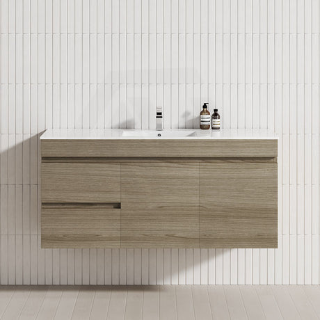 1200mm Maison Oak Wall Hung Single Bowl Vanity with Left Side Drawer