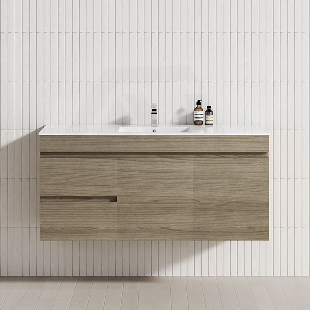 1200mm Maison Oak Wall Hung Single Bowl Vanity with Left Side Drawer