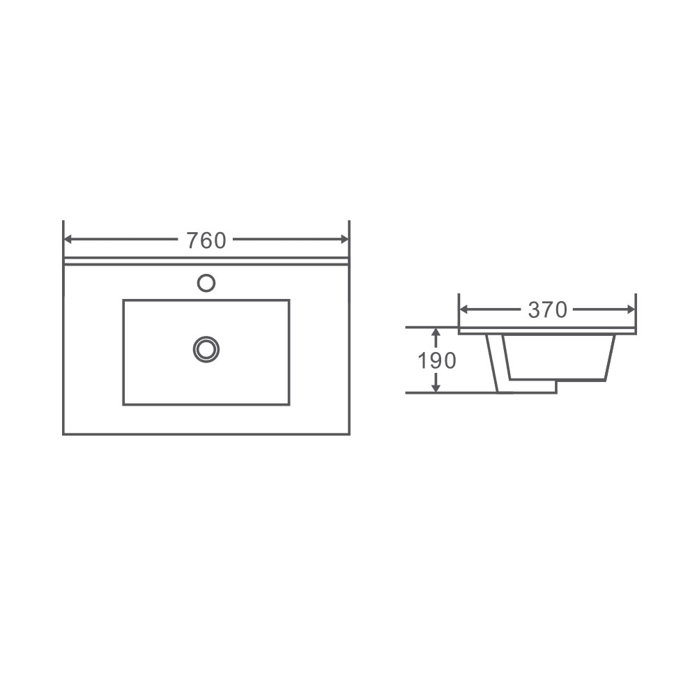 760x370x190mm Slim Ceramic Top for Bathroom Vanity Single Bowl Gloss White Narrow