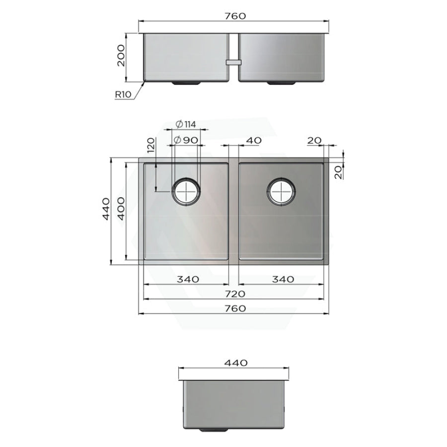 Meir Lavello 760x440x200mm Stainless Steel Double Bowl Kitchen Sink Top/Flush/Under Mount Variant Colour Available
