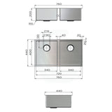 Meir Lavello 760x440x200mm Stainless Steel Double Bowl Kitchen Sink Top/Flush/Under Mount Variant Colour Available